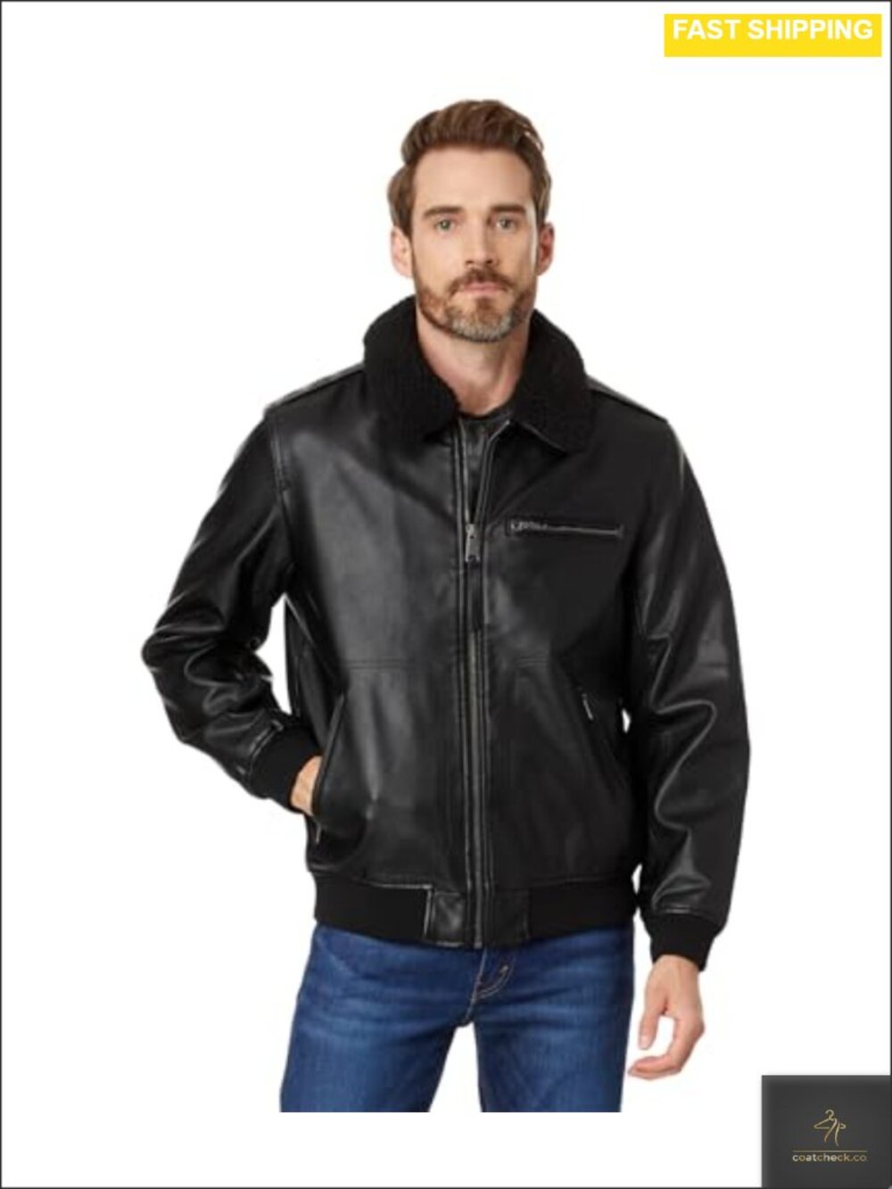 Faux Leather Aviator Bomber Jacket with Sherpa Collar